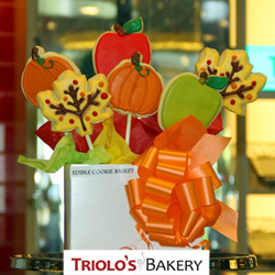 Fall cookies from Triolo's Bakery.  Includes 2 Maple Leaf cookies, two pumpkin cookies, and two fruit cookies. Pefect to send as gifts or to use as party favors. These unique treats are awesome for back to school, teacher appreciation, fall birthdays, thanksgiving favors, and more. 